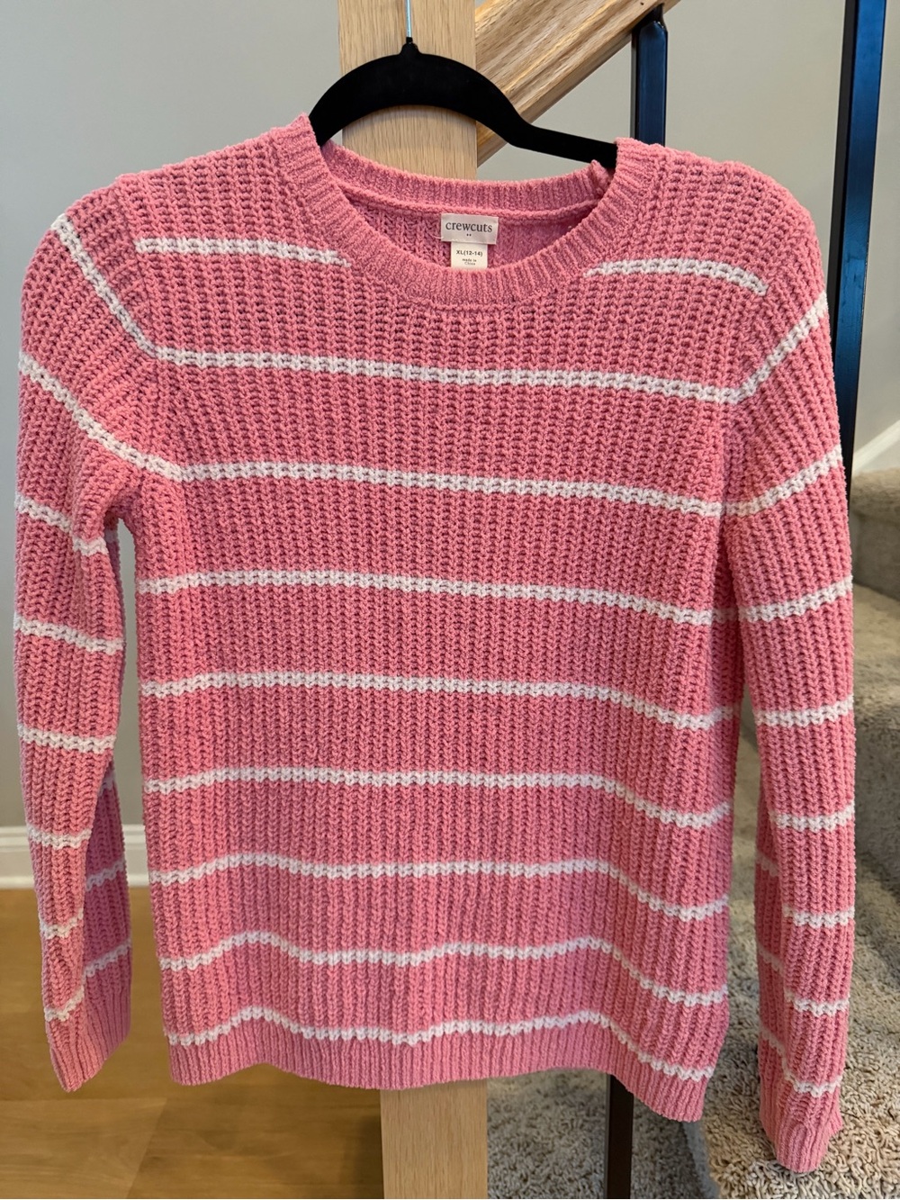 Crewcuts Pink and White Striped Crewneck Sweater